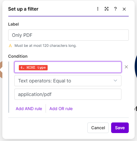 Make filter setup with MIME type equals application/pdf