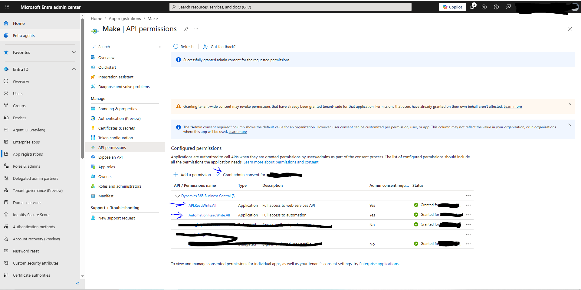 Microsoft Entra admin center: API permissions with both permissions granted