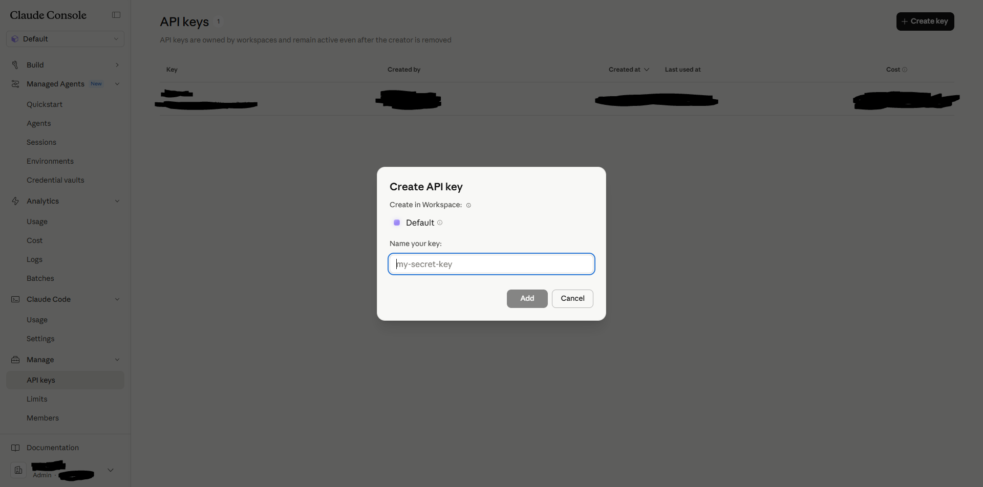 Anthropic console: Create API key dialog