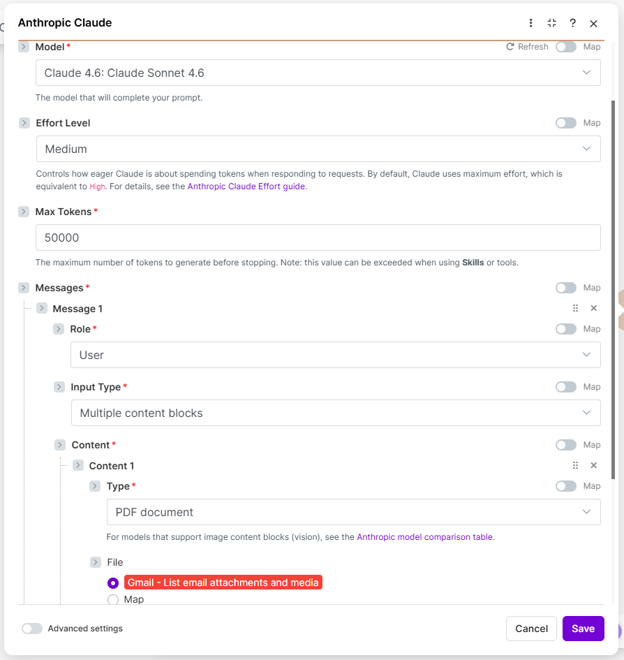 Anthropic module: model, max tokens, and messages structure
