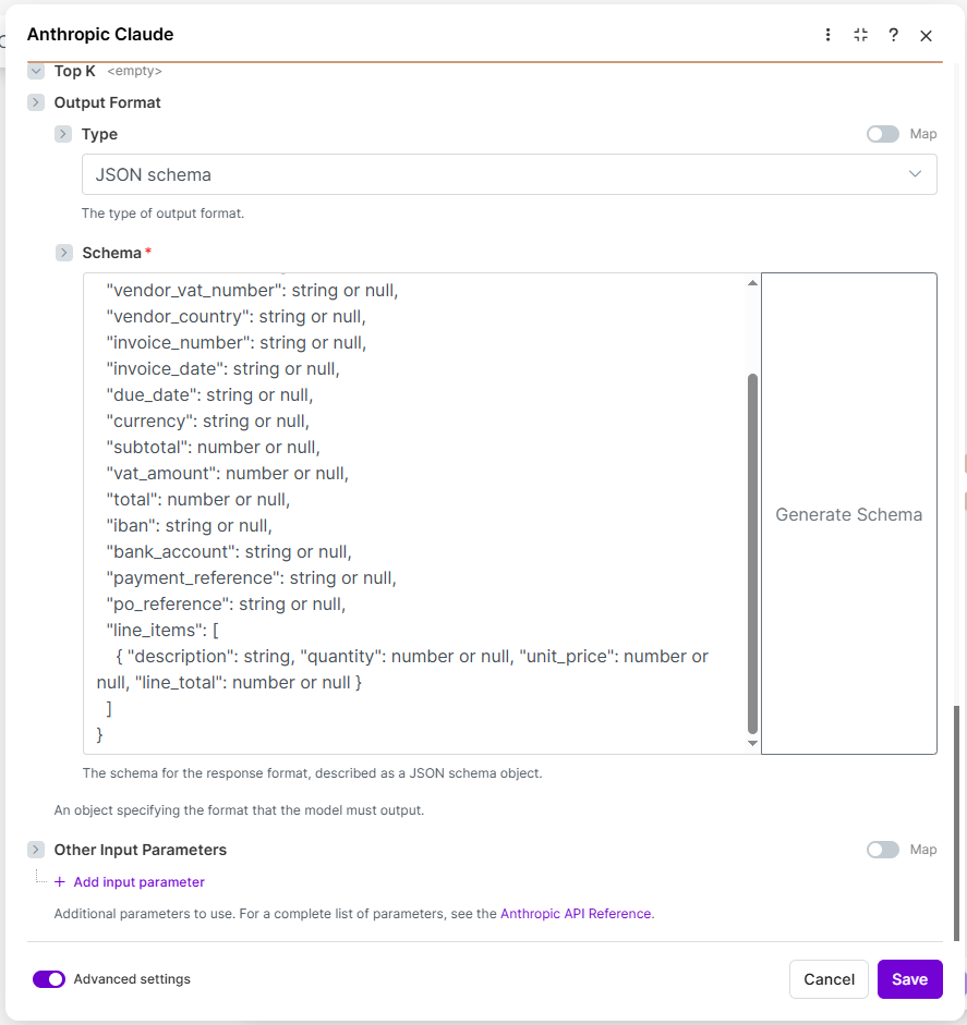 Anthropic module: Output Format with JSON schema