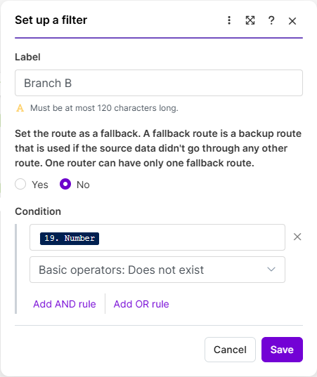 Branch B filter: Number does not exist