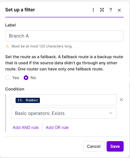 Branch A filter: Number exists
