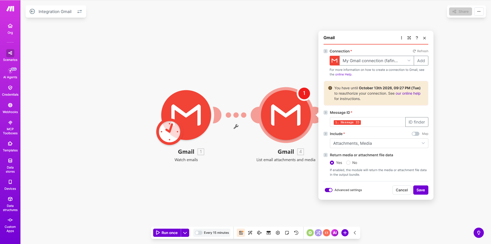 Gmail "List email attachments and media" module configured