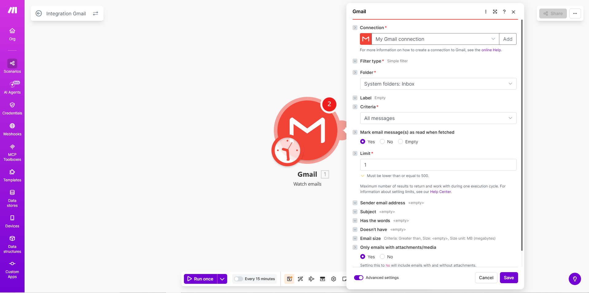 Gmail "Watch Emails" module configured