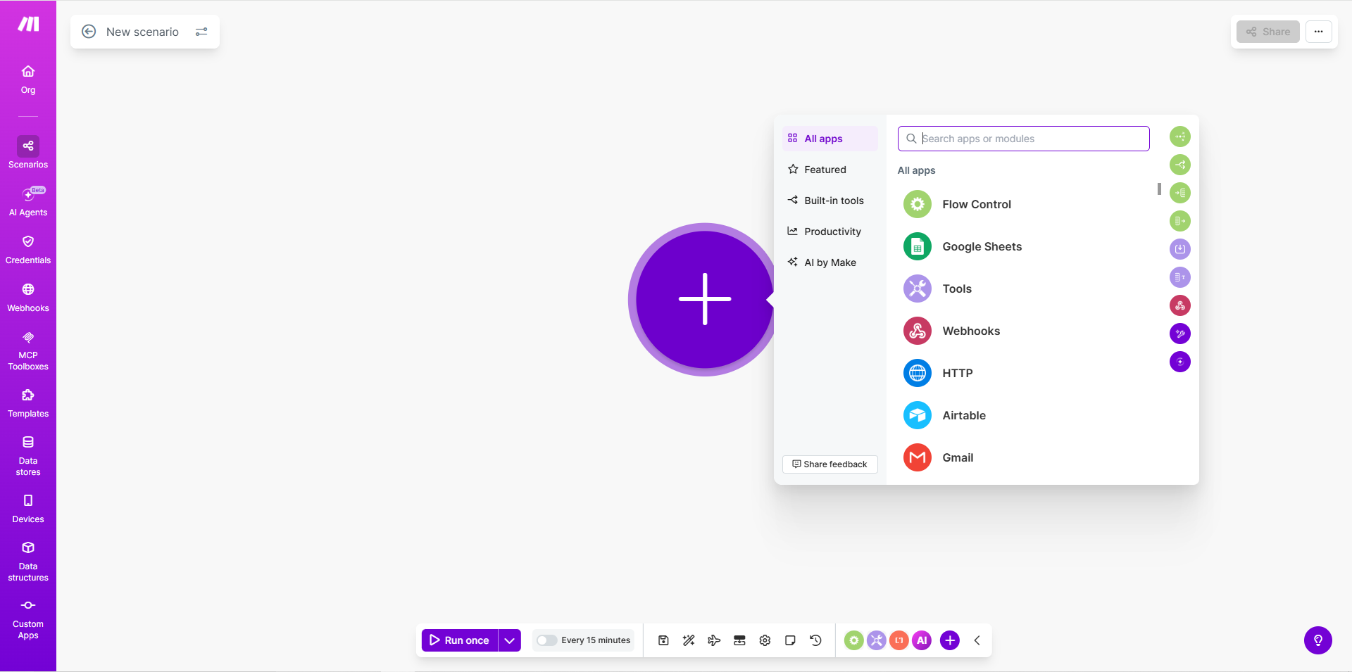 Make.com, empty scenario canvas with the module picker open